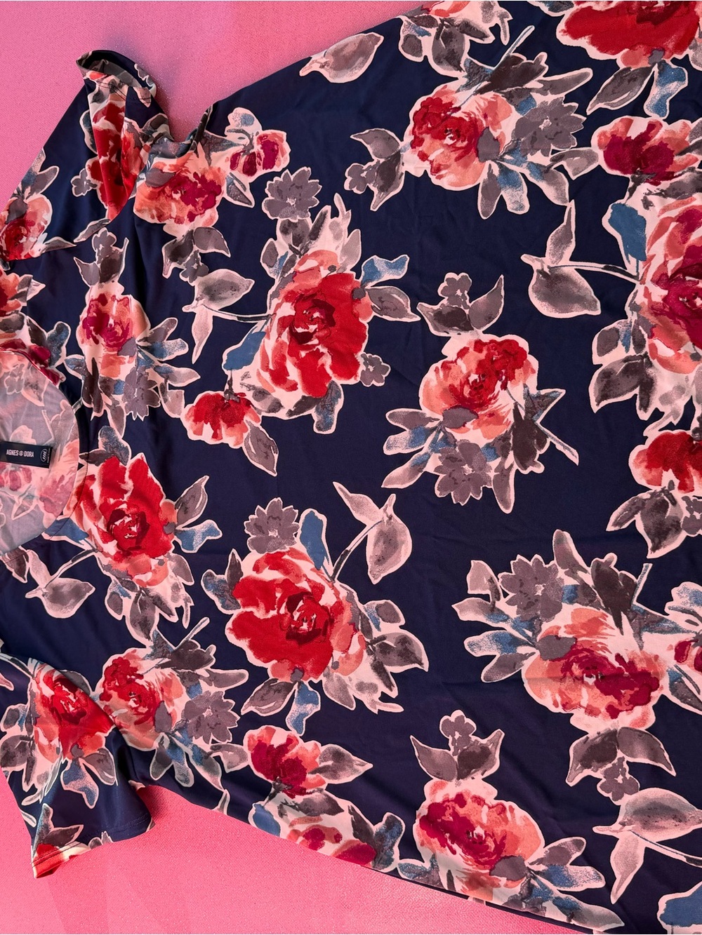 Agnes & Dora Navy Tunic with Red and Pink Floral Pattern